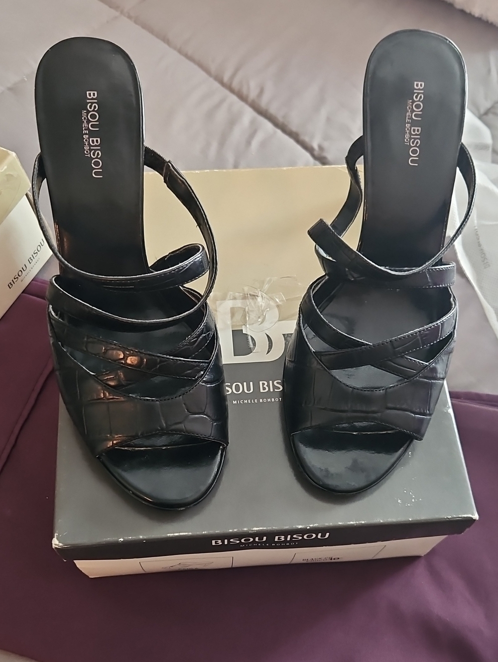 Bisou Bisou Black Croc-Texture Strappy Heeled Sandals